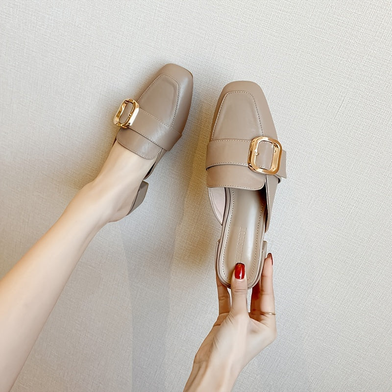 Women's Buckle Belt Flat Mules Square Toe Slip On Slides Sandals