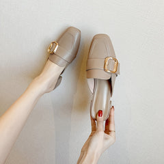 Women's Buckle Belt Flat Mules Square Toe Slip On Slides Sandals