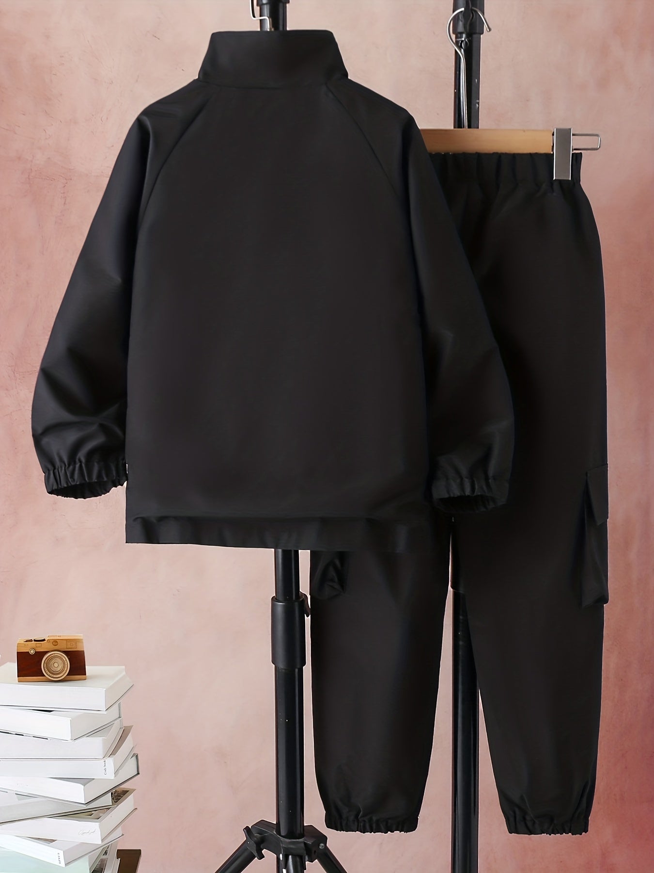 Boy's 2pcs Zip Up Jacket & Cargo Pants Set Solid Long Sleeve Top