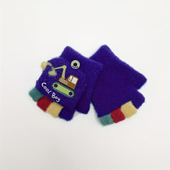 Excavator Kids Gloves Boys Girls Cartoon Half Finger Flip Knitted Warm Gloves
