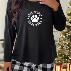 Dog Paw & Letter Graphic Long Sleeve Crew Neck Home Wear Tee