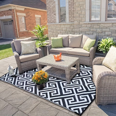 Beige Plaid Outdoor Rug Mat - Reversible Patio Rug