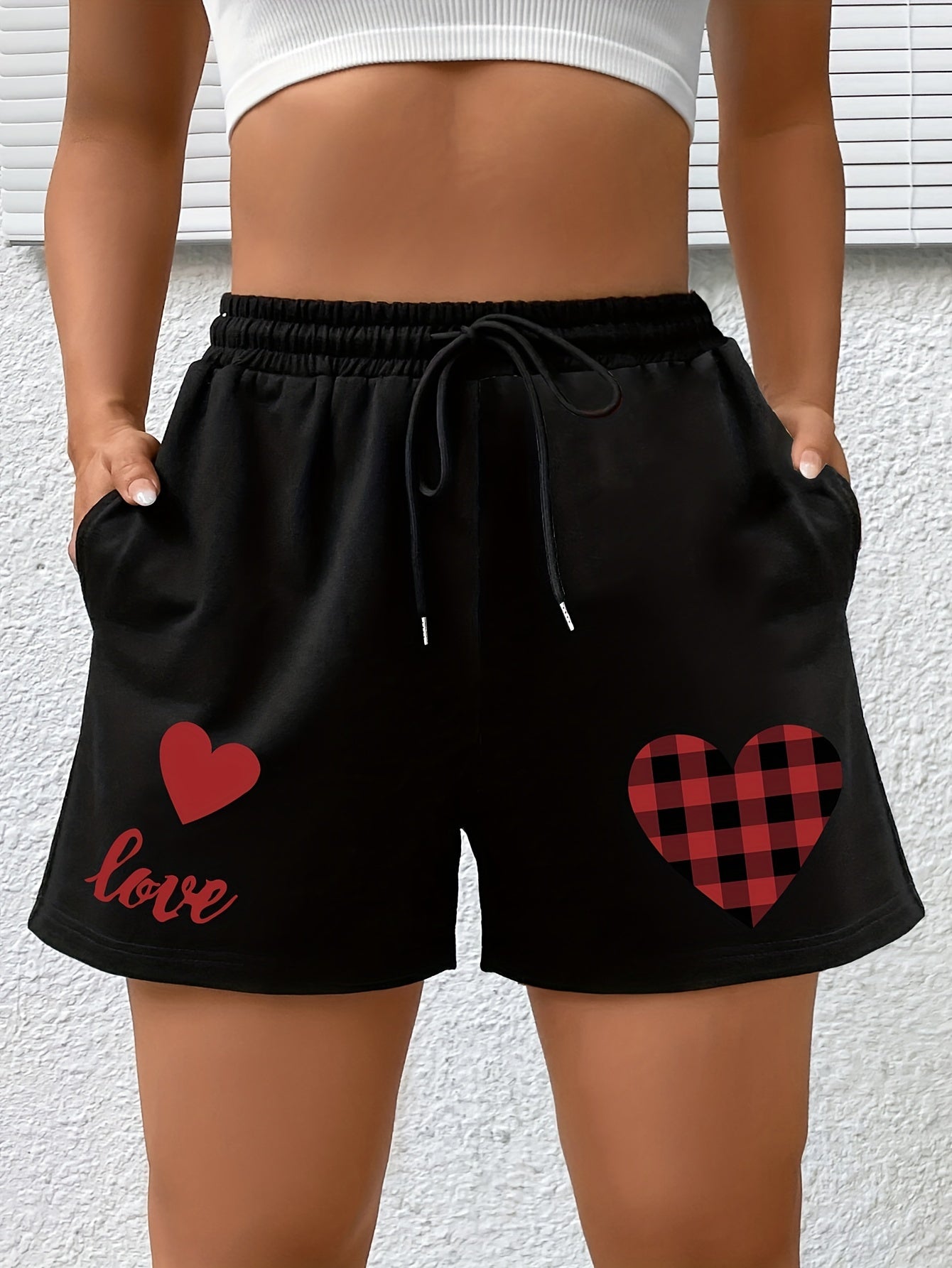 Gingham Heart & Letter Print Sports Shorts with Pockets