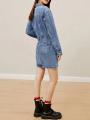 Flap Pockets Denim Dress Long Sleeve Single Breasted Button Dress