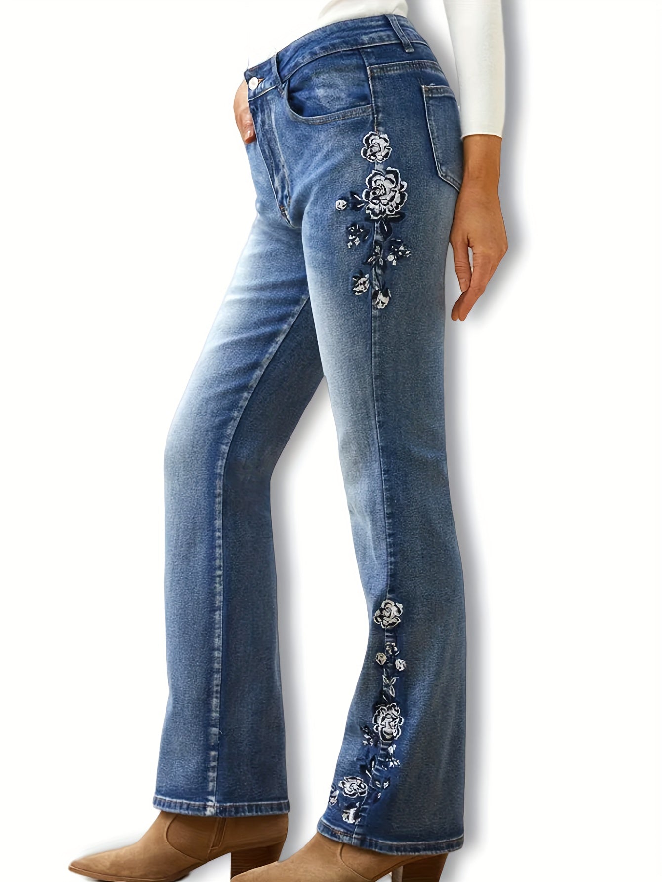 Floral Embroidery Flared Leg Jeans