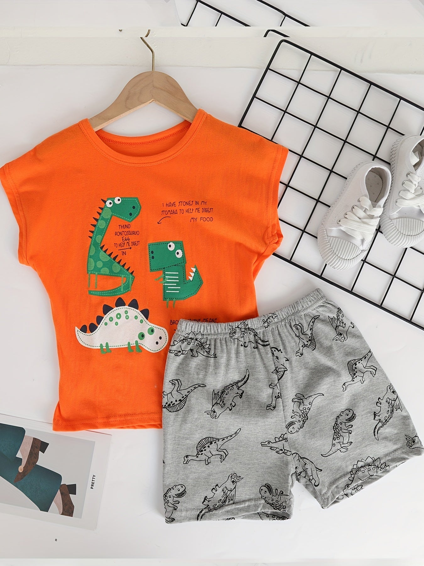 Boys Dino Pajamas Set Sleeveless Tops & Bottoms Cozy Homewear