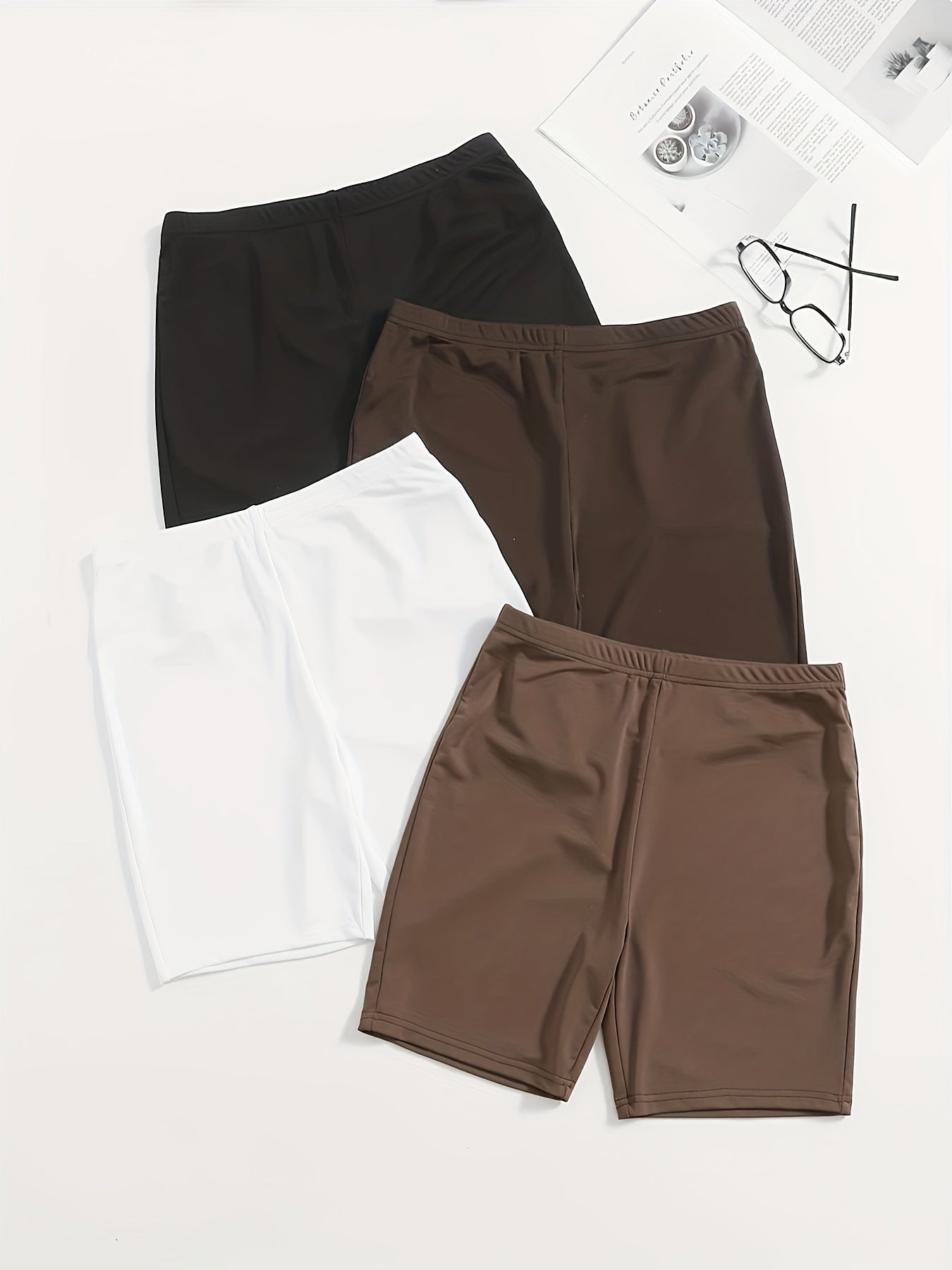 4pcs Solid Biker Shorts Women's Clothing