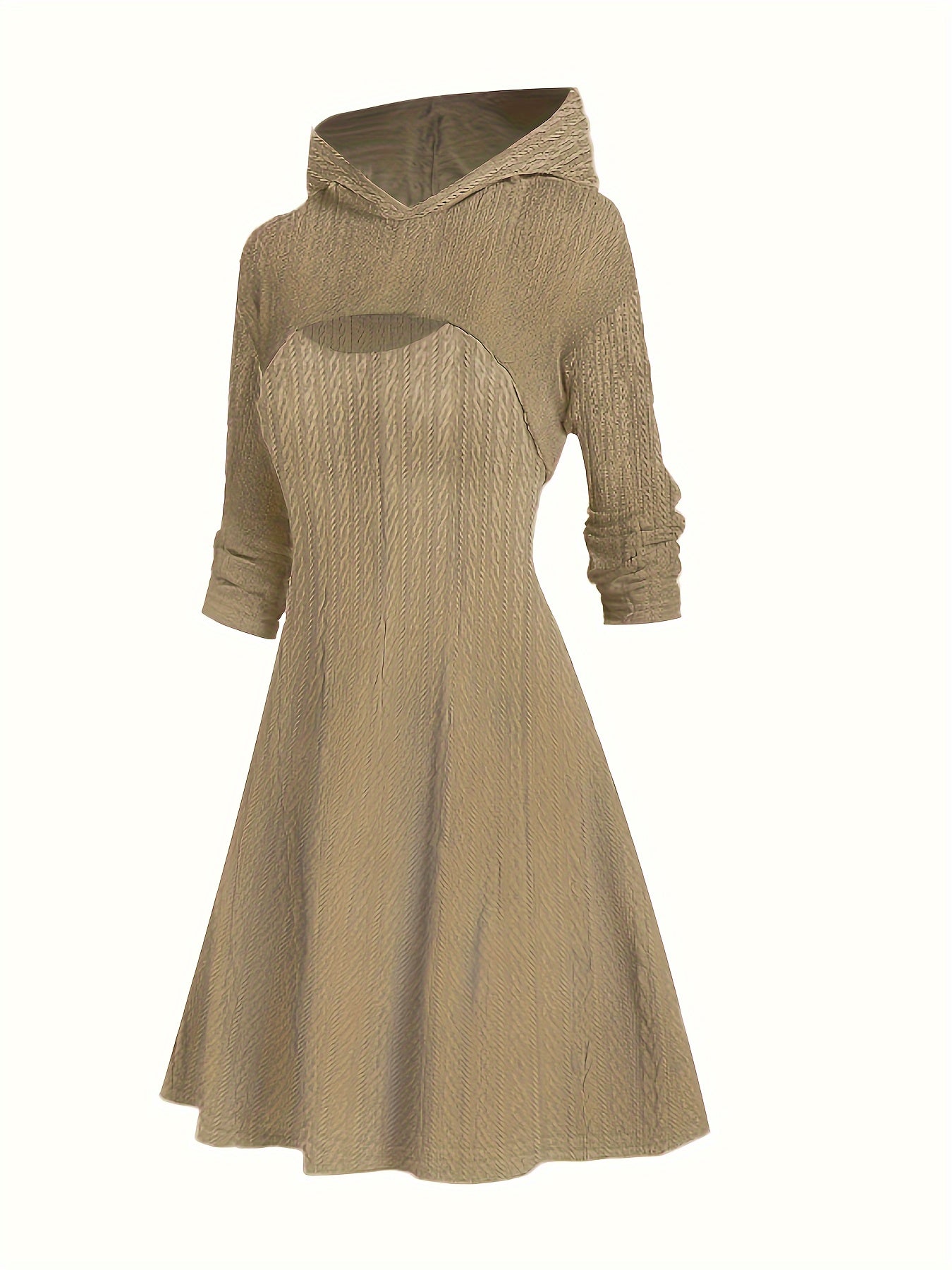Solid Cable Cut Out Long Sleeve Hooded A line Dress