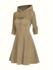 Solid Cable Cut Out Long Sleeve Hooded A line Dress
