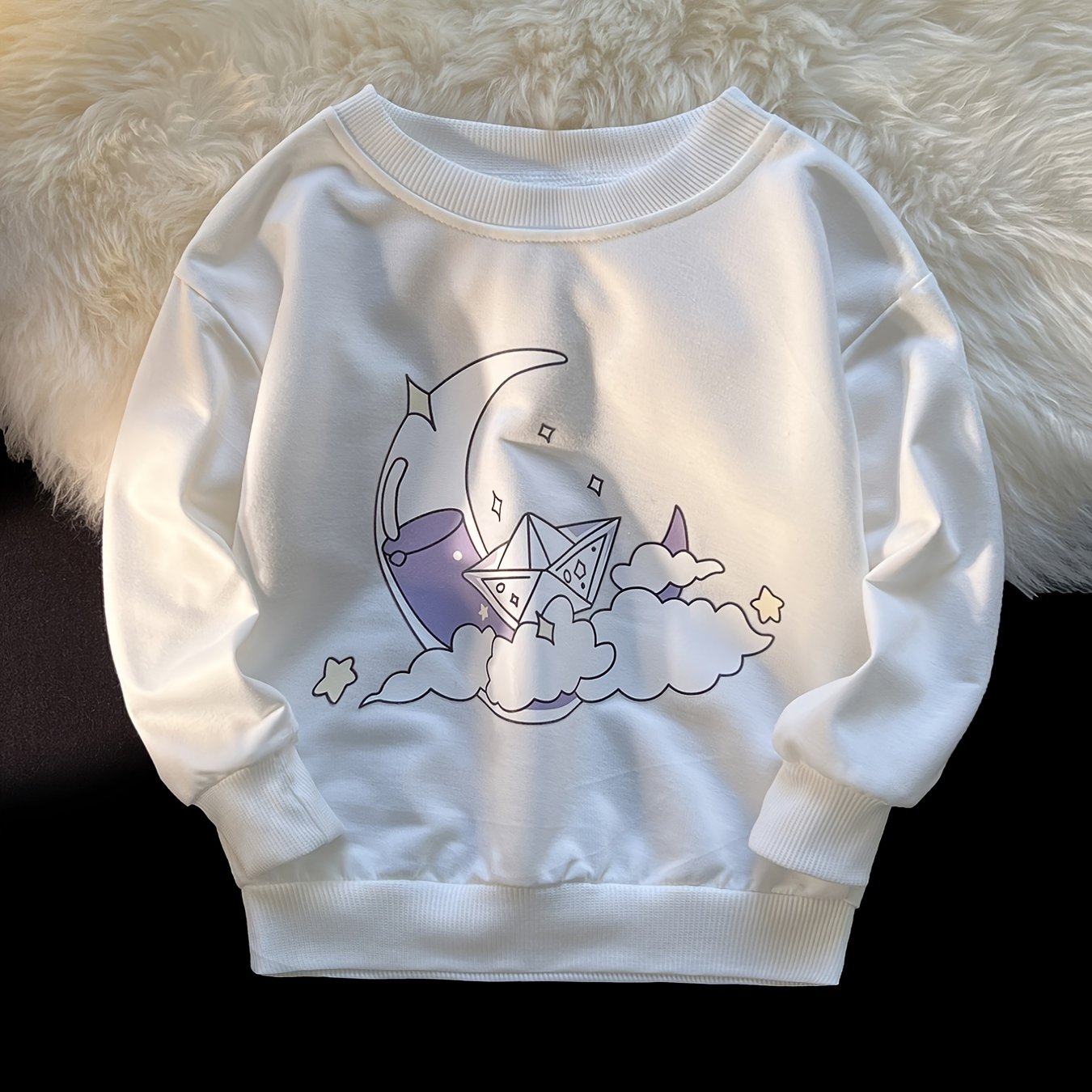 Girls Clouds Moon Print Long Sleeve Sweatshirt Kids Clothes