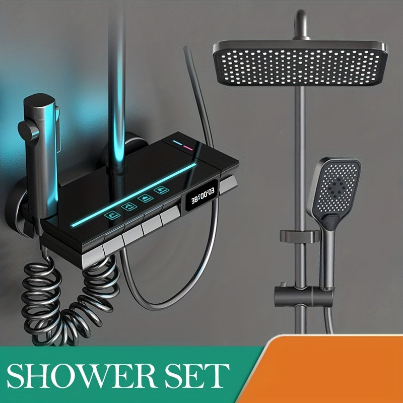 Grey LED Shower System Brass Faucet Set Wall Mount Rain Mixer Combo Set