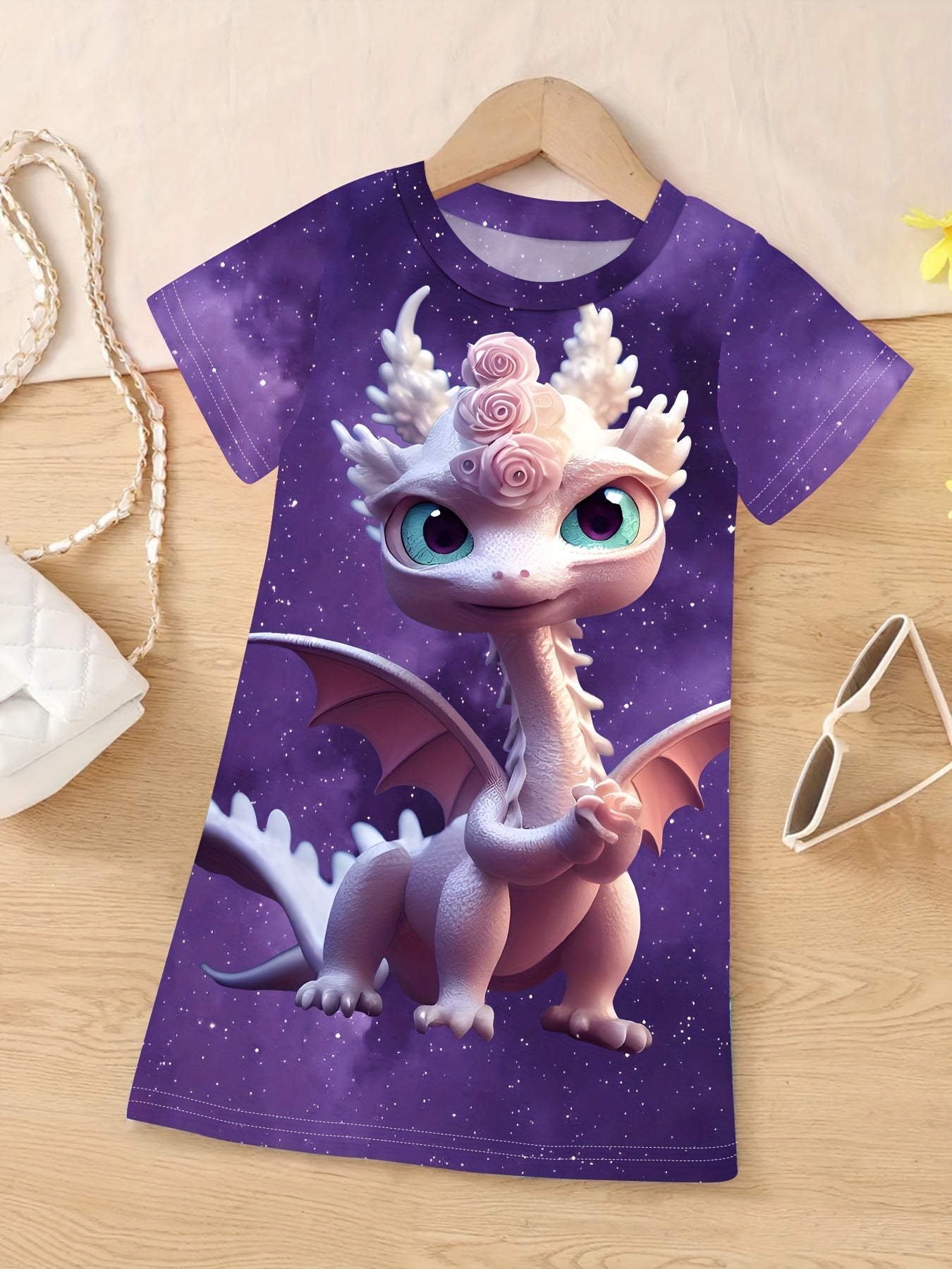 Cute 3D Dino Graphic Crew Neck Dress for Girls