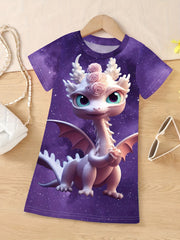 Cute 3D Dino Graphic Crew Neck Dress for Girls