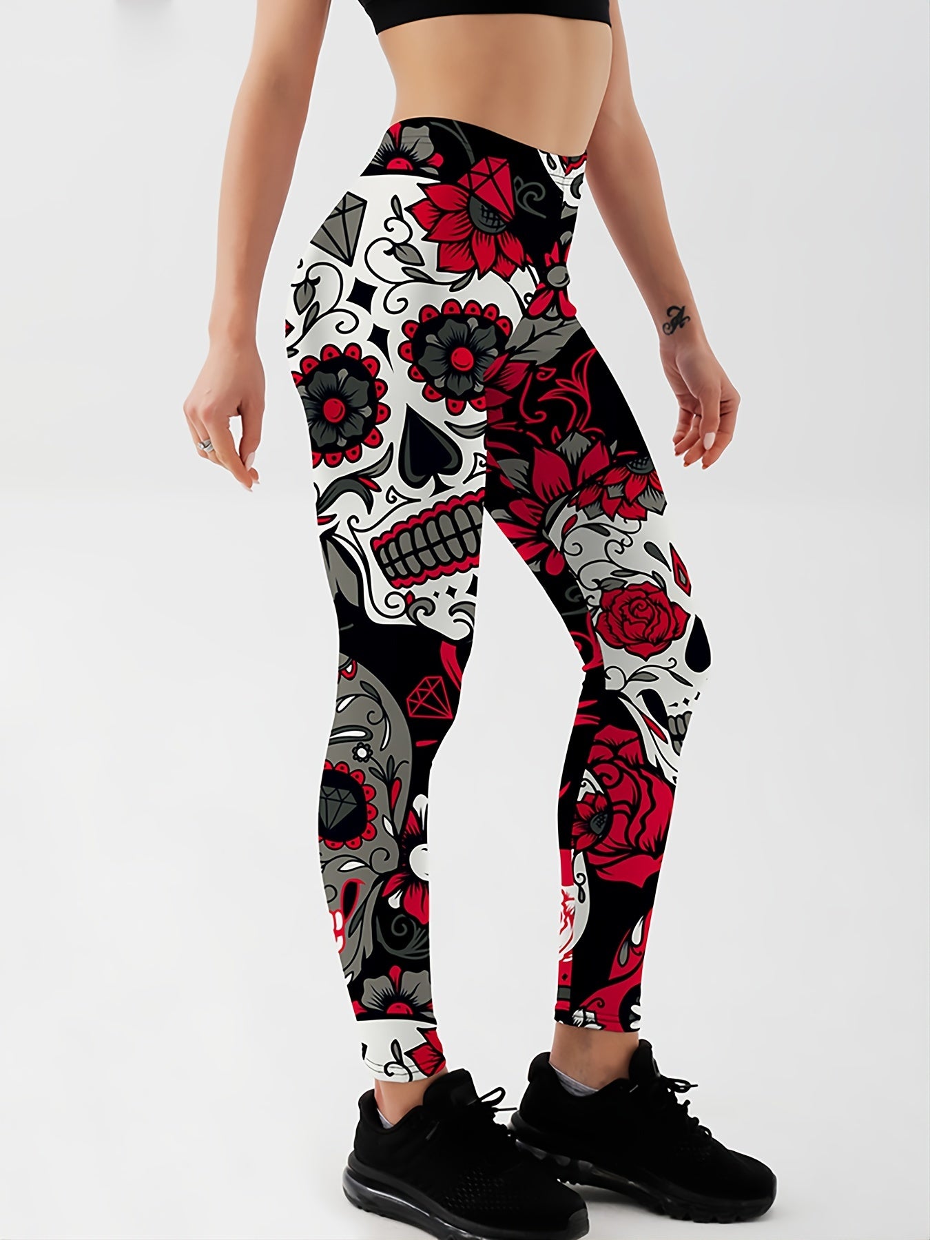 Flower & Skull Print Yoga Leggings Halloween Fitness Workout Pants