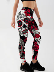 Flower & Skull Print Yoga Leggings Halloween Fitness Workout Pants