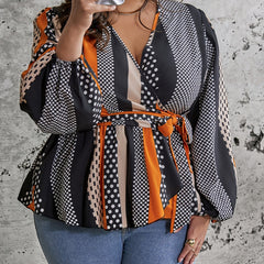 Colorblock Lantern Sleeve Wrap Top With Belt