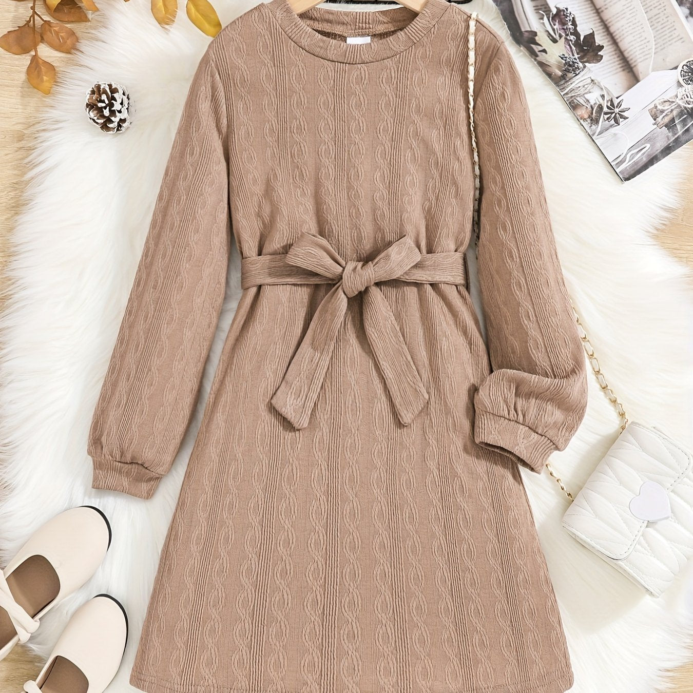 Girls' Vintage Jacquard Print Stretch Comfy Long Sleeve Dress