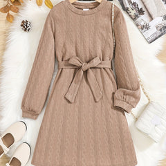 Girls' Vintage Jacquard Print Stretch Comfy Long Sleeve Dress