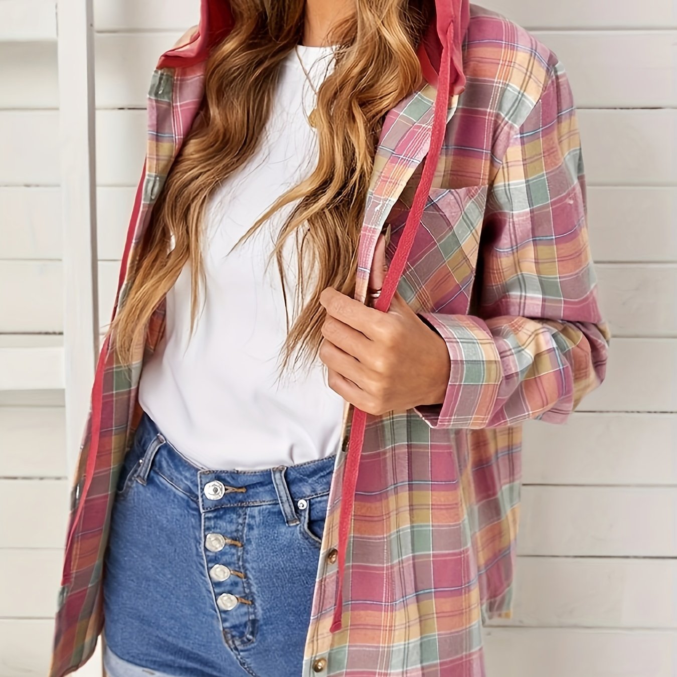 Colorblock Plaid Print Hooded Shacket