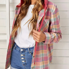 Colorblock Plaid Print Hooded Shacket