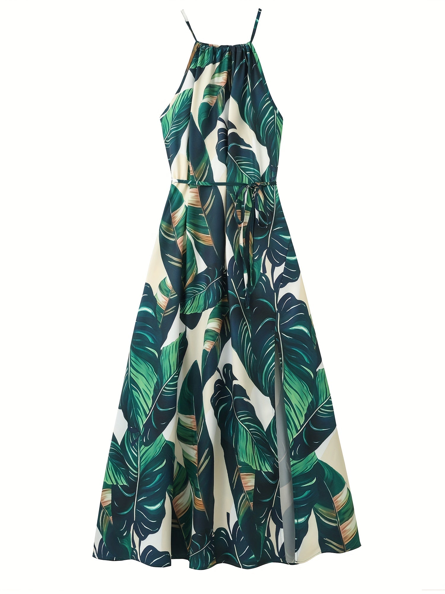 Tropical Print Split Thigh Dress Boho High Waist Crew Neck Sleeveless Summer Dre