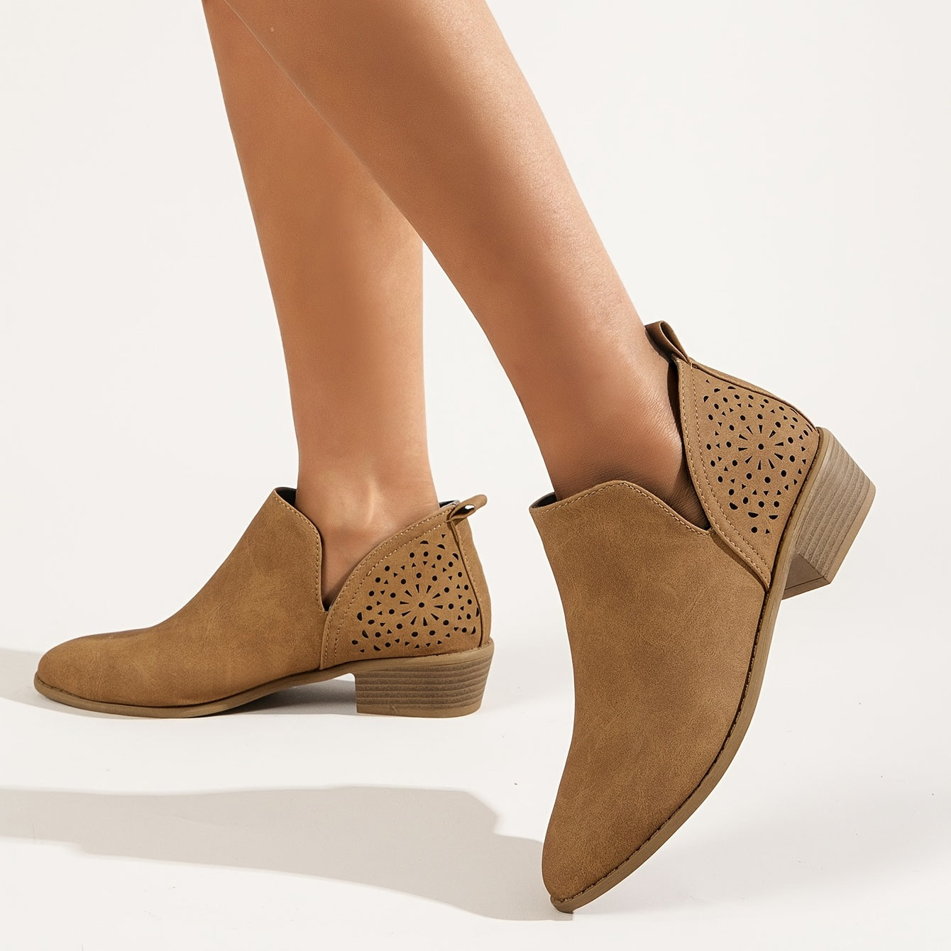Hollow Out Slip On Chunky Heel Short Boots Women's Shoe