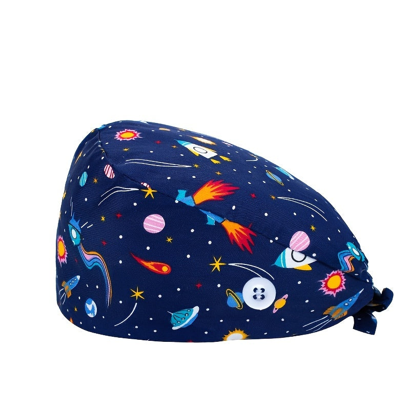 Adjustable Cartoon Print Nurse Hat with Buttons Scrub Cap