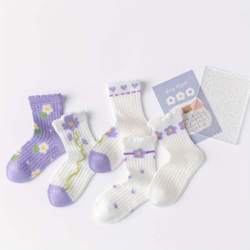 5 Pairs Girls Kids Lace Socks Flower Pattern Cotton Crew Socks 1-11 Years