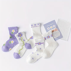 5 Pairs Girls Kids Lace Socks Flower Pattern Cotton Crew Socks 1-11 Years