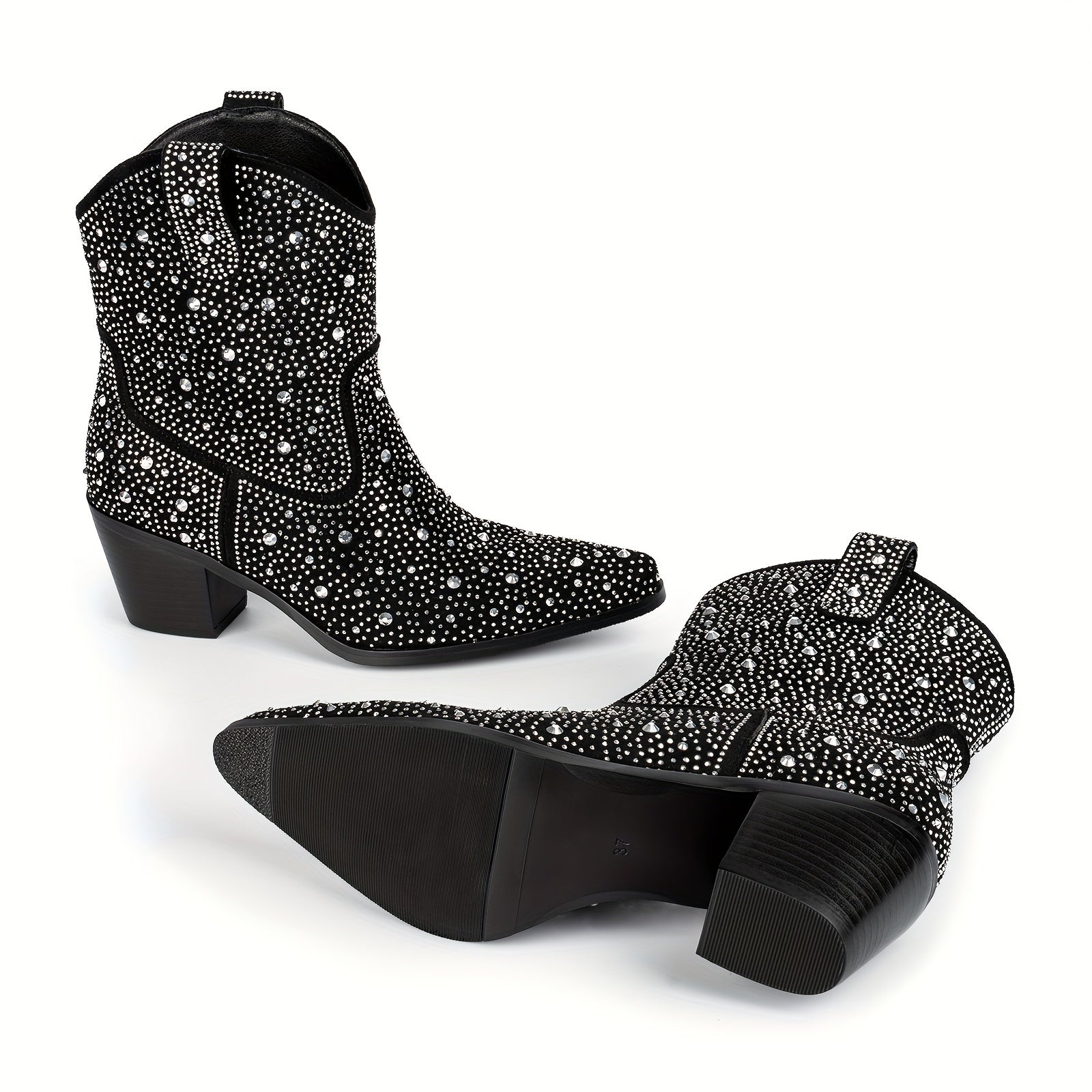 Women's Rhinestone Cowboy Boots Pointed Toe Chunky Heel Dress Boots