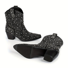 Women's Rhinestone Cowboy Boots Pointed Toe Chunky Heel Dress Boots