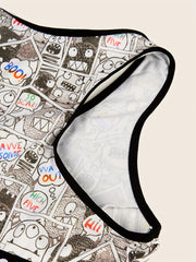 Cartoon Print Bra & Panties Set Full Coverage Sports Bra & Elastic Panties