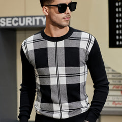 Men's Plaid Crew Neck Sweater Classic Long Sleeve Pullover
