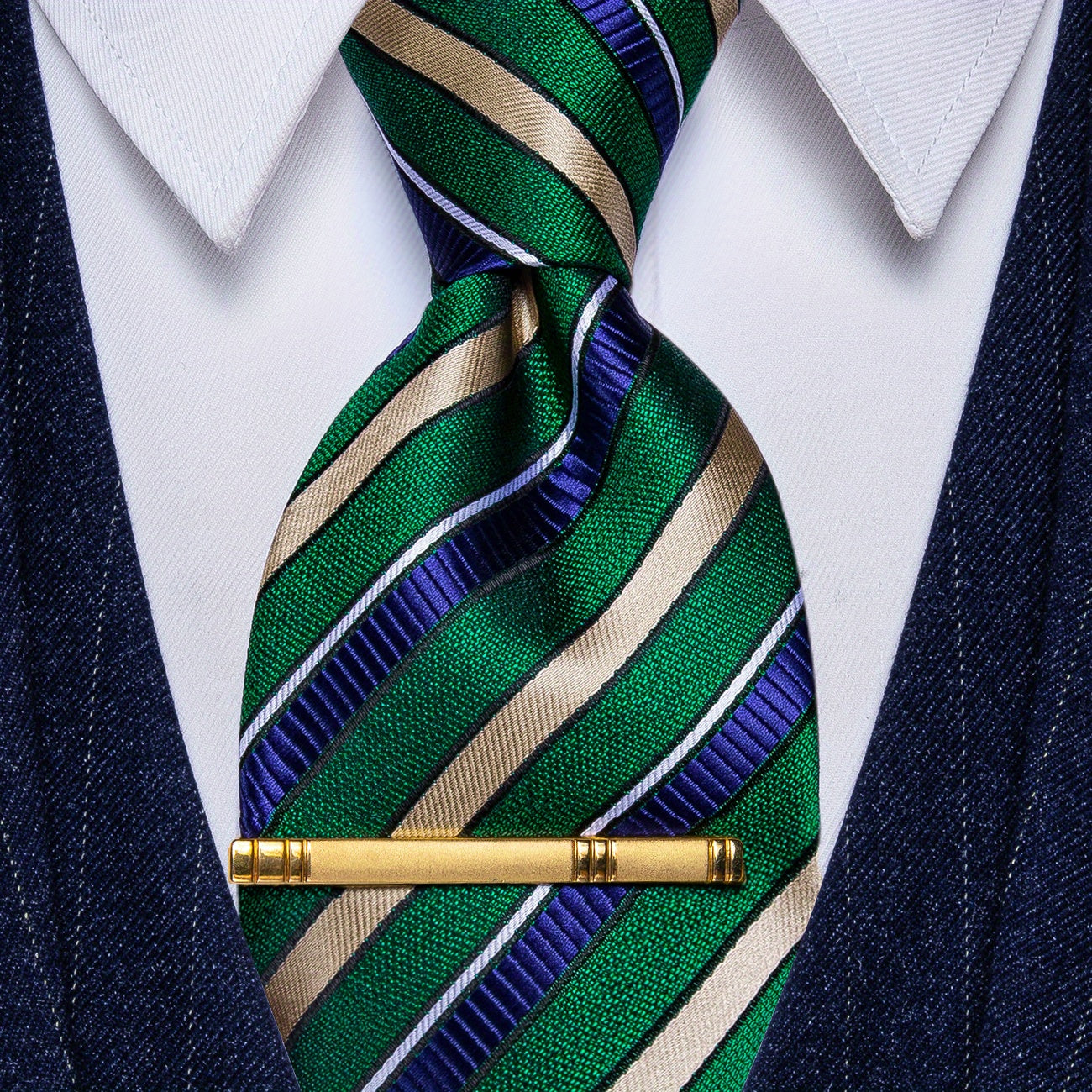 Striped Silk Necktie & Tie Clip Set for Wedding Party
