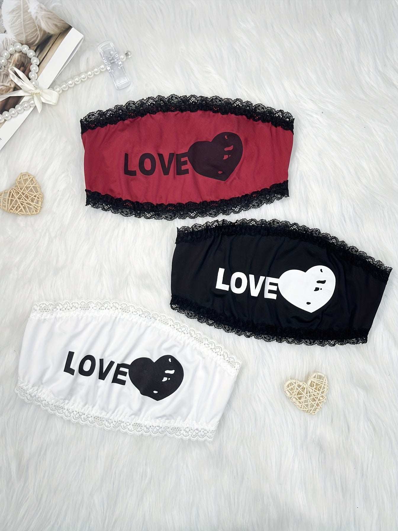 3pcs Letter Print Bandeau Bras Stretch Strapless Women's Lingerie