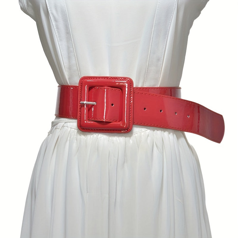 Bright PU Wide Belt Square Buckle Waistband Women