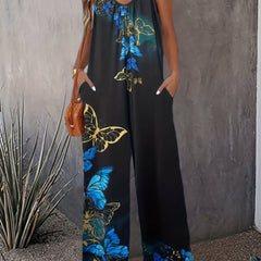 Butterfly Print Wide Leg Jumpsuit Casual V Neck Sleeveless Jumpsuit