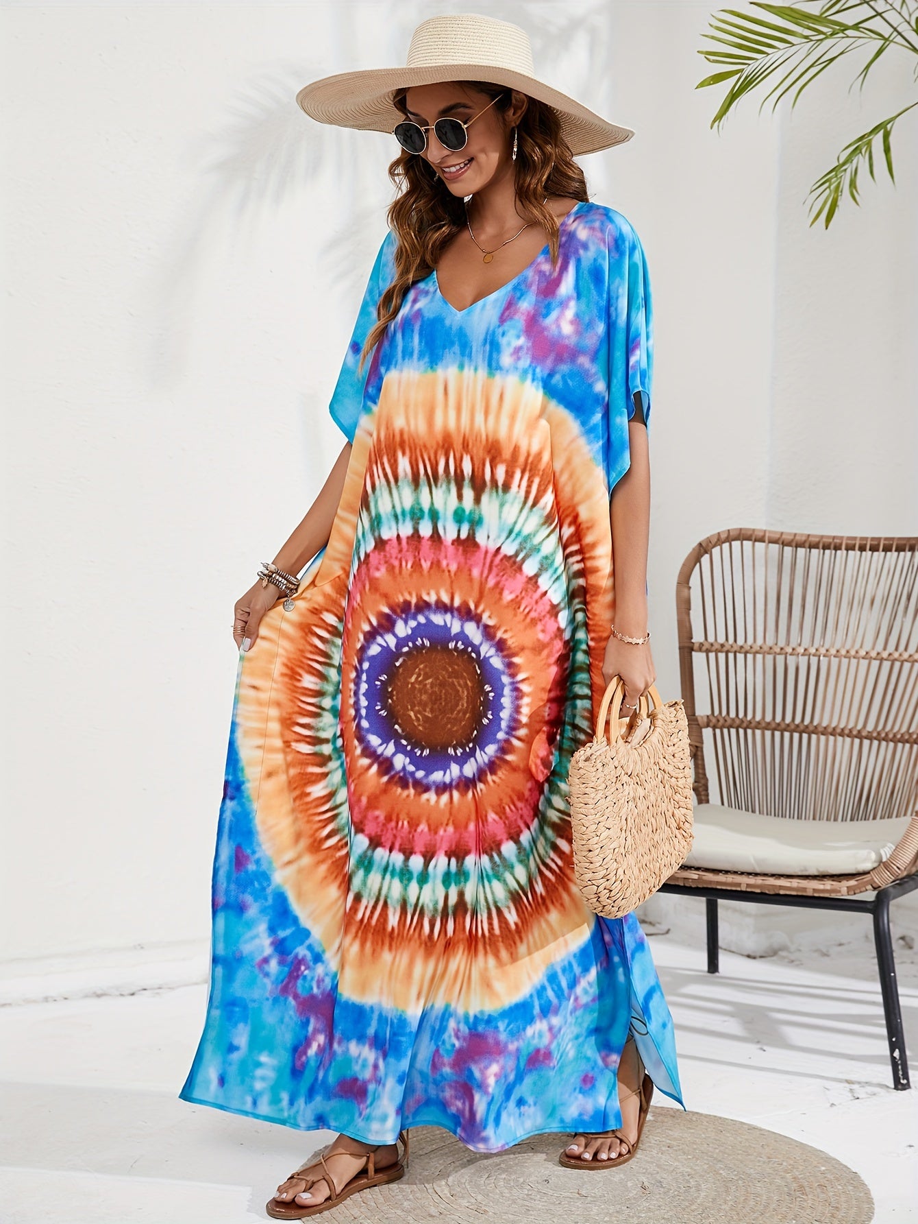Boho Tie Dye Batwing Sleeve V Neck Maxi Cover Up