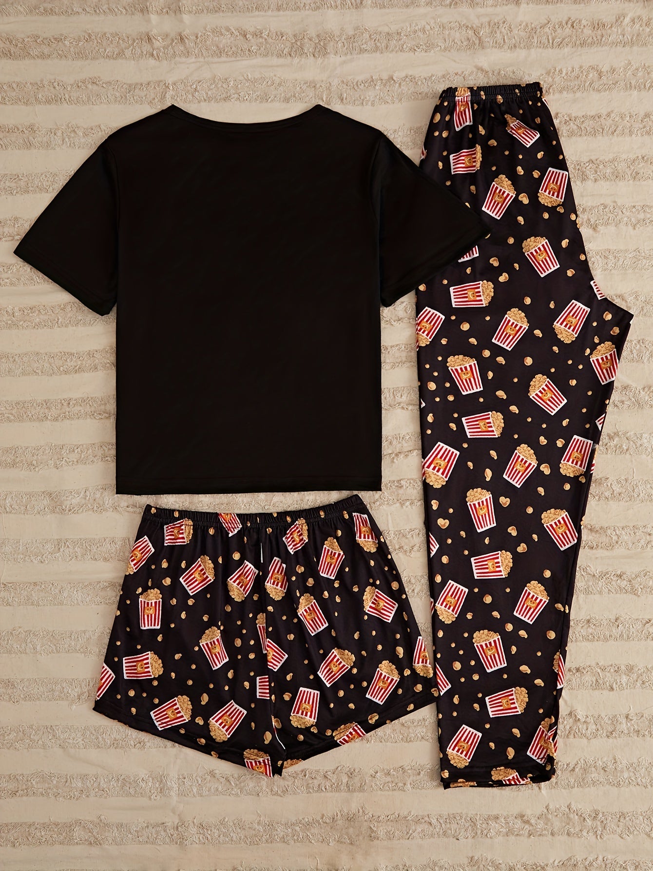 Popcorn Print Pajamas Set Short Sleeve Crew Neck Top & Shorts & Pants