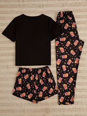 Popcorn Print Pajamas Set Short Sleeve Crew Neck Top & Shorts & Pants