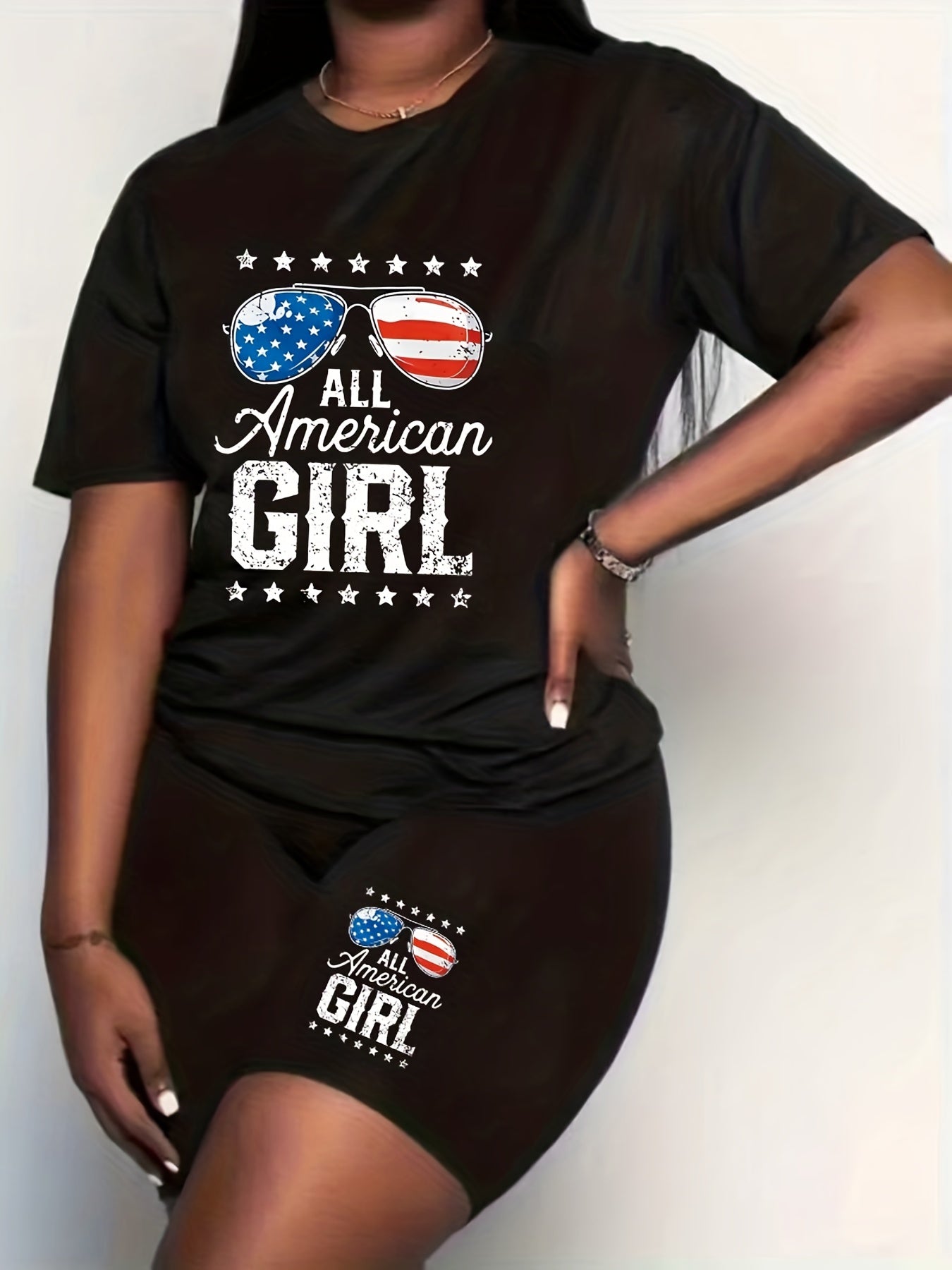 Women's Plus Flag Glasses & Star Print Crew Neck Top & Shorts Set