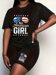 Women's Plus Flag Glasses & Star Print Crew Neck Top & Shorts Set