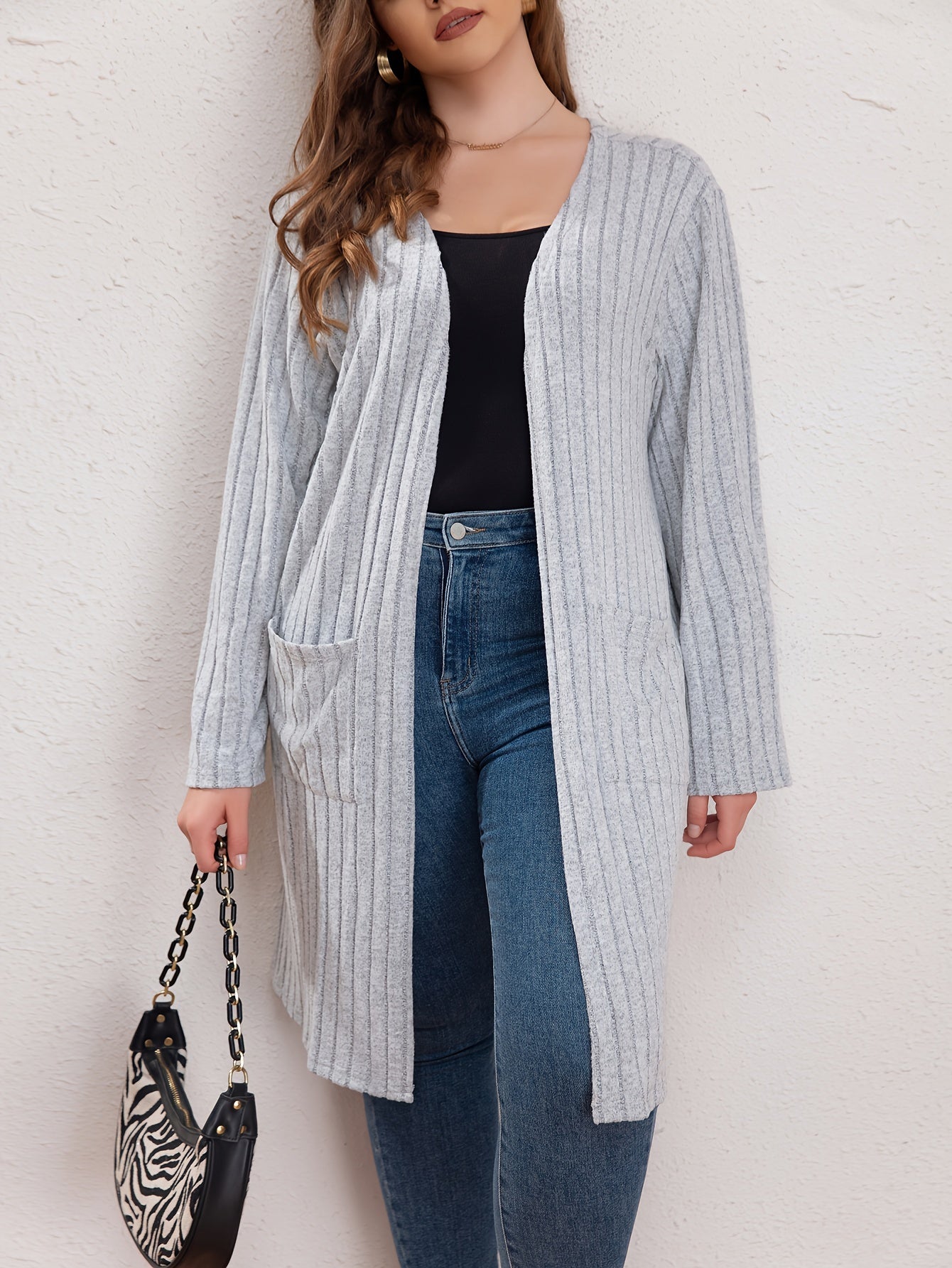 Casual Cardigan Women's Plus Solid Long Sleeve Open Front Cardigan