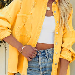 Yellow Ripped Holes Denim Jacket Long Sleeves Fringe Trim Distressed Denim Coat