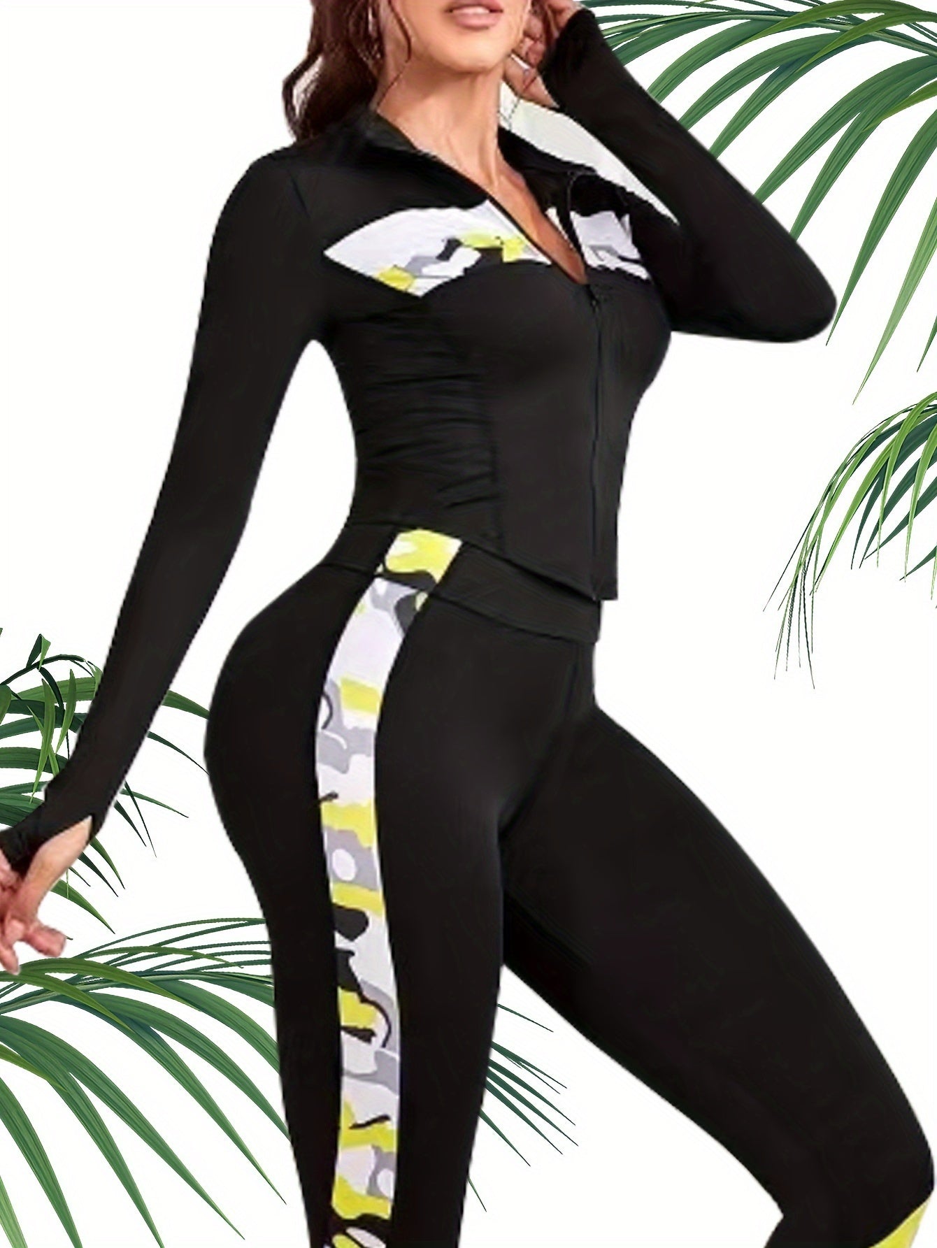 Block Zipper Slim Fit Yoga Jacket Long Sleeves Thumb Hole Sports Zipper Top