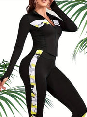 Block Zipper Slim Fit Yoga Jacket Long Sleeves Thumb Hole Sports Zipper Top