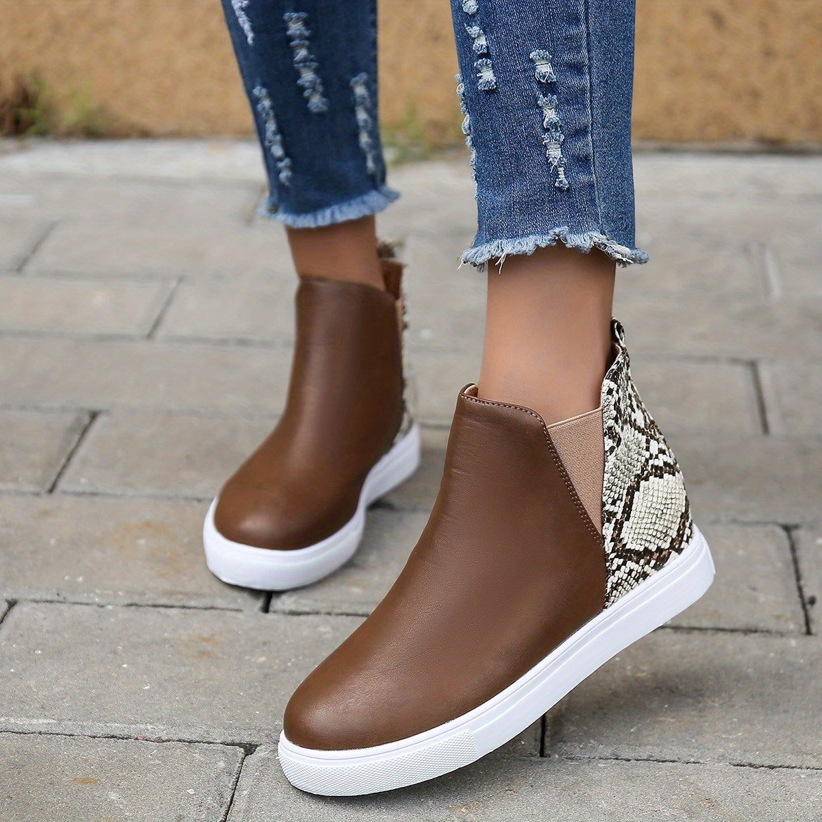 Women's Snakeskin Pattern Colorblock Boots Slip On High Top Flatform Non slip