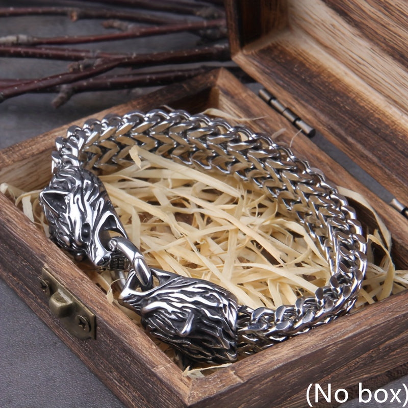 Viking Wolf Charm Bracelet Silvery Mesh Chain Men's Biker Jewelry