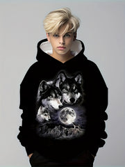 Moon & Wolves 3D Print Hoodie Kids Hip Hop Street Sports Casual Tops