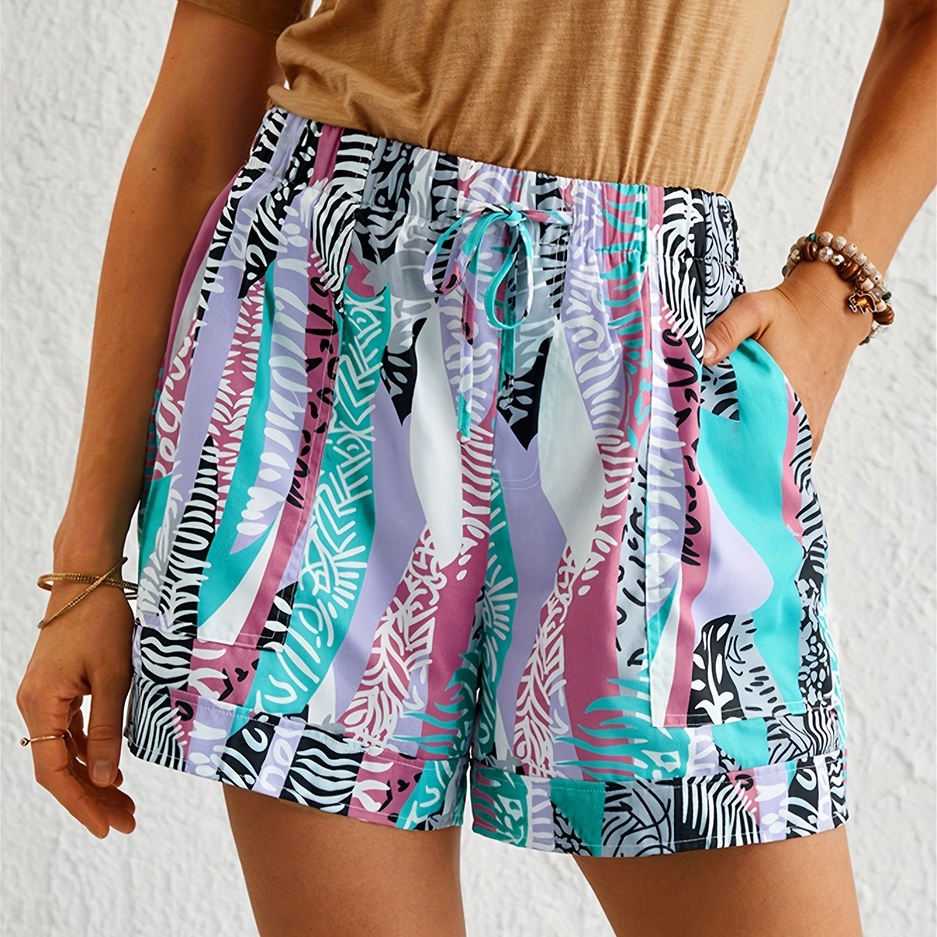 Graphic Print Drawstring Shorts with Pockets Women's Casual Summer Clothing